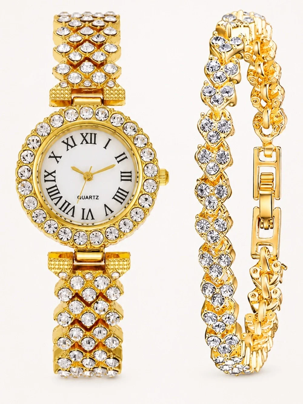 Gold Iced Out Watch & Bracelet Set Simulated Diamond VVS Dainty Luxury Set